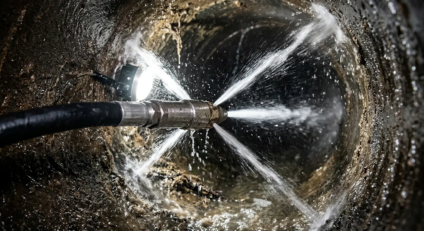 High-pressure hydro jetting nozzle cleaning sewer pipe for Sewer Cleanout in Mukwonago