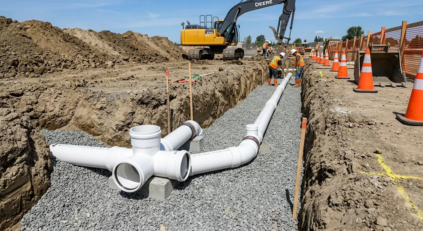 New PVC sewer pipe installation in open trench for Commercial Drain Cleaning in Mukwonago